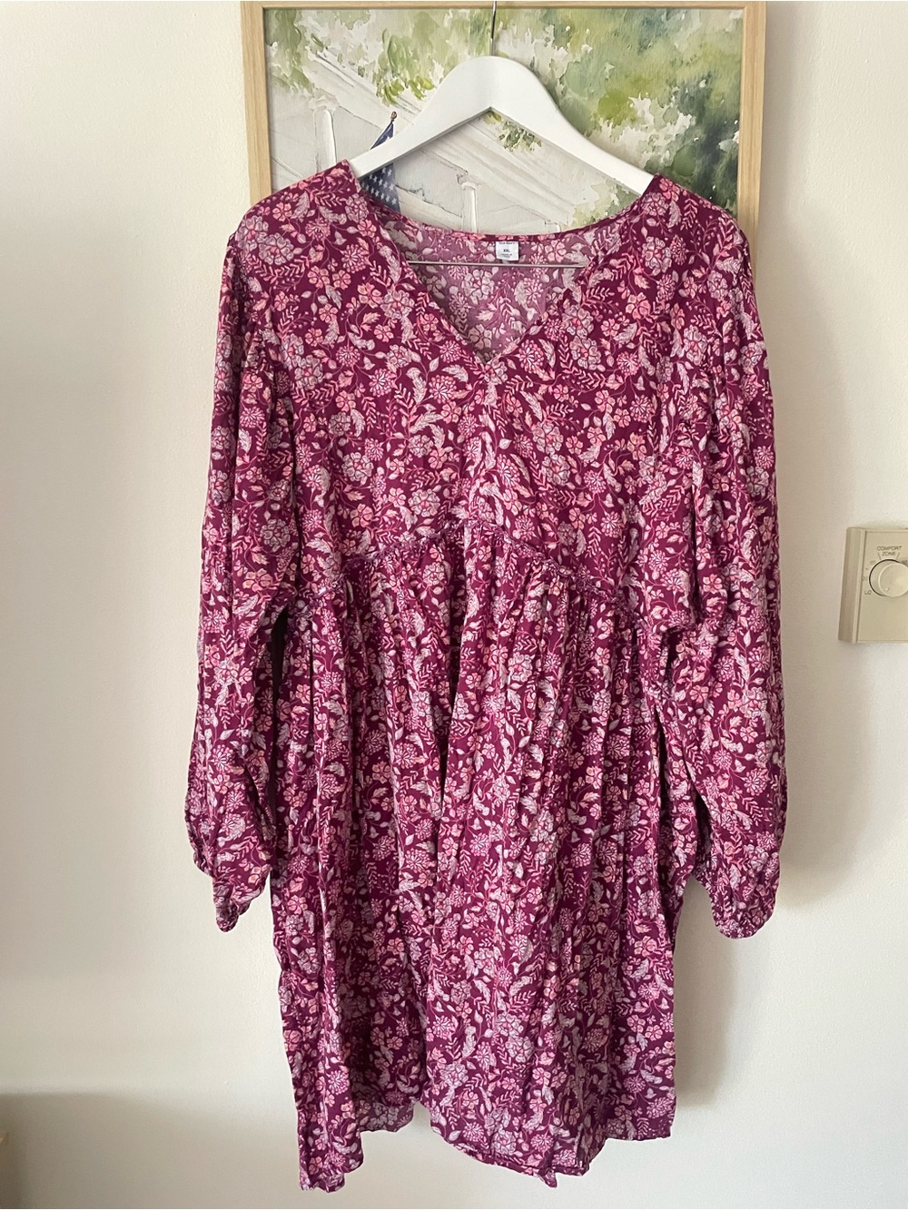 Old Navy Long Sleeve V-Neck Swing Floral Mini Dress Burgundy Pink XXL